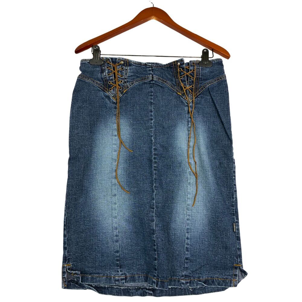 Rampage Women’s Denim Skirt Size 9 Blue Lace Up Corset Y2K Midi Stretch Jean
